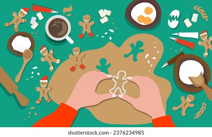 Making Christmas gingerbread cookies, decorate cookies. Christmas and New Year traditions concept. Top view. Prepare Christmas food. Vector illustration.