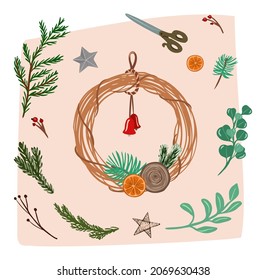 Making christmas wooden wreath with oranges and branches. Top view decoration, scissors on a wooden background. Concept of holiday creative workshop. Flat lay Xmas and New Year preparing. Vector carto