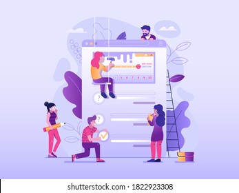 Making client feedback survey concept in flat design. Team of people creating test application form or questionnaire for marketing research. Teamwork over user experience exploration UI illustration.