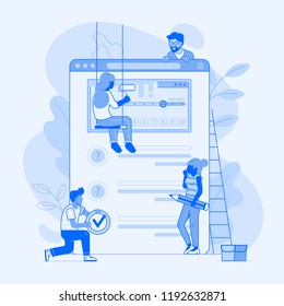 Making client survey concept in flat design. Team of people creating test application form or questionnaire for marketing research. Teamwork over user experience exploration UI illustration.