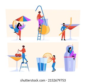 Making Cocktails. Characters Preparing Liquor Alcoholic Summer Cocktail Recipes With Fruits Garish Vector Cartoon Drinks