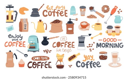 Making coffee accessories with short cute text. Cartoon hot invigorating drink elements, french press, coffee machine, grains, vector set