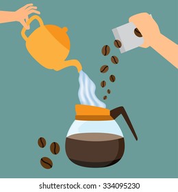 Making coffee concept. hand pouring hot water and coffee bean into pot. vector illustration.