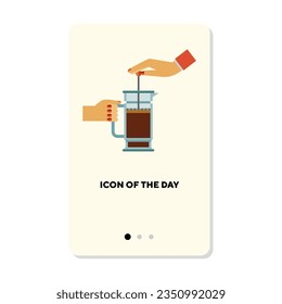 Making coffee in French press on white background. Coffee preparation cartoon illustration. Coffee making and culture concept. Vector illustration symbol elements for web design and apps