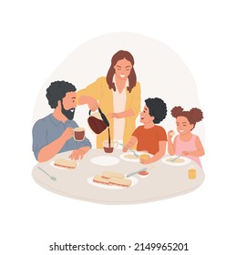 Making coffee isolated cartoon vector illustration. Family sitting at the kitchen table, mom serving breakfast, pouring a hot coffee in a cup, morning daily routine, waking up vector cartoon.