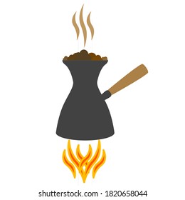 Making coffee in a turk over an open fire. Coffee maker. Hot drinks. Aromatic drink. Vector image. A cafe. Poster. Booklet. Place for text. Template. Background image.