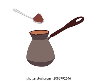 Haciendo café en un turco. Ilustración vectorial de una cafetera con una cucharada de café molido. Para la carta de cafés y restaurantes, tienda, publicidad. Icono en un estilo plano sobre un fondo blanco.