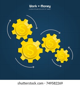 Making coins on the mechanism. Work equals money. Vector.