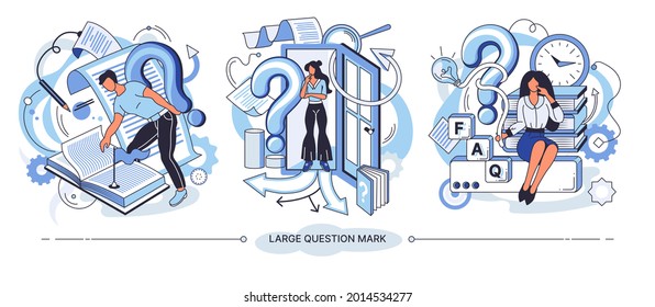 Making confusion by question marks. Questions dilemma situations. Asking questions. Confused people. Making choice. Being confused. Thinking or make decision. Solving problem. Creative metaphor