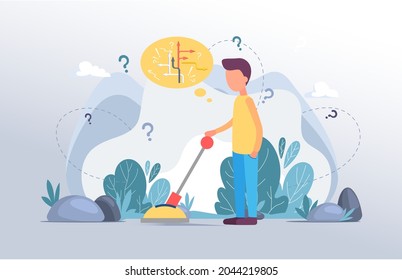 Making confusion, choice decision. Man thought about solution to problem, toggles switch handle. Doubt and struggle about strategy, path direction with question marks. Search for right answer