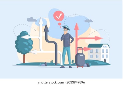 Making confusion choice of path. Man thought about solution to problem choose options person concept. Career, life and question decision. Person traveler with bag thinks hesitates to make ones choice