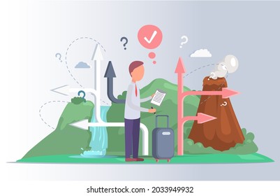 Making confusion choice of path. Man thought about solution to problem choose options person concept. Career, life and question decision. Person traveler with bag thinks hesitates to make ones choice