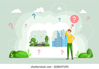 Making confusion choice of path. Man thought about solution to problem chooses place of residence. Life and question decision. Person doubts, makes difficult choice to live in city or in countryside