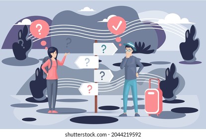 Making confusion choice of path. Man thought about solution to problem choose options person concept. Career, life and question decision. Person traveler with bag thinks hesitates to make ones choice