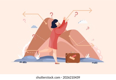 Making confusion choice of path. Woman thought about solution to problem choose options person concept. Career, life and question decision. Person traveler with bag thinks, chooses travel route