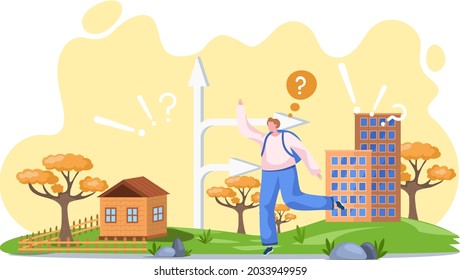 Making confusion choice of path. Woman thinks about solution to problem chooses place of residence. Life and question decision. Person doubts, makes difficult choice to live in city or in countryside
