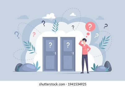 Making confusion. Doubts man surrounded by question marks. Questions dilemma situations