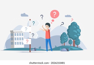 Making confusion. Doubts person surrounded by question marks. Questions dilemma situations. Asking questions. Confused people. Making choice. Being confused. Thinking or make decision. Solving problem