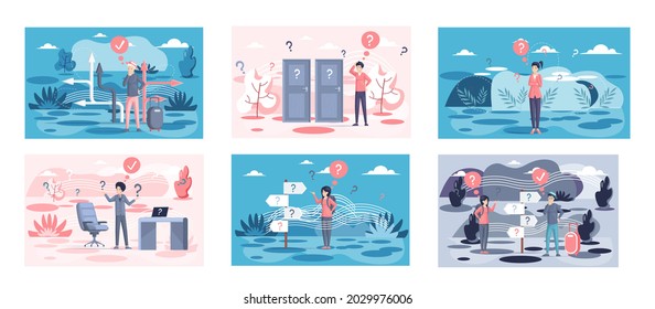 Making confusion. Doubts person surrounded by question marks. Questions dilemma situations. Asking questions. Confused people. Making choice. Being confused. Thinking or make decision. Solving problem