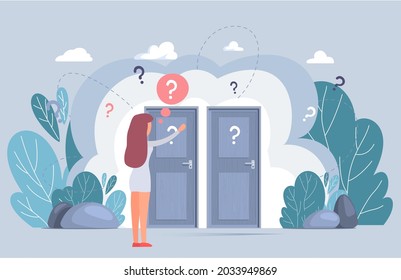 Making confusion. Doubts person surrounded by question marks. Questions dilemma situations. Asking questions. Confused people. Making choice. Being confused. Thinking or make decision. Solving problem