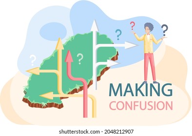 Making confusion. Doubts person surrounded by question marks. Questions dilemma situations. Asking questions. Confused people. Making choice. Being confused. Thinking or make decision. Solving problem