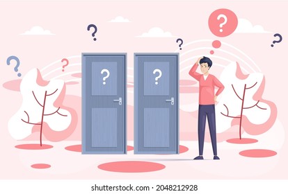 Making confusion. Doubts person surrounded by question marks. Questions dilemma situations. Asking questions. Confused people. Making choice. Being confused. Thinking or make decision. Solving problem