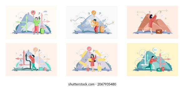 Making confusion. Doubts person surrounded by question marks. Questions dilemma situations. Asking questions. Confused people. Making choice. Being confused. Thinking or make decision. Solving problem