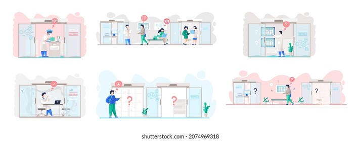 Making confusion. Doubts person surrounded by question marks. Questions dilemma situations. Asking questions. Confused people. Making choice. Being confused. Thinking or make decision. Solving problem
