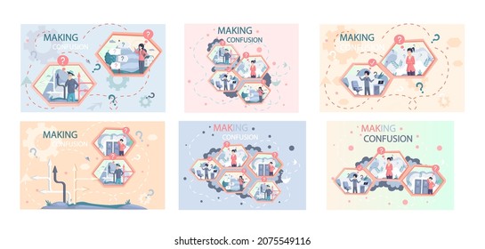 Making confusion. Doubts person surrounded by question marks. Questions dilemma situations. Asking questions. Confused people. Making choice. Being confused. Thinking or make decision. Solving problem