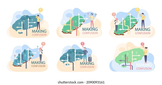 Making confusion. Doubts person surrounded by question marks. Questions dilemma situations. Asking questions. Confused people. Making choice. Being confused. Thinking or make decision. Solving problem