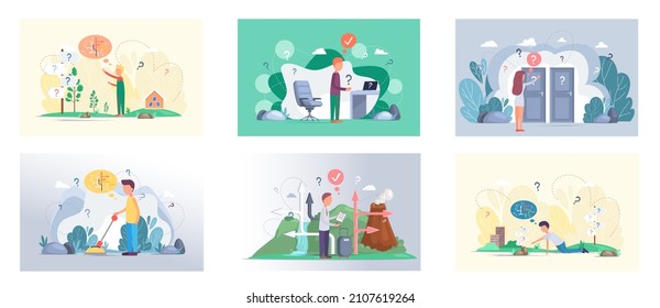 Making confusion. Doubts person surrounded by question marks. Questions dilemma situations. Asking questions. Confused people. Making choice. Being confused. Thinking or make decision. Solving problem