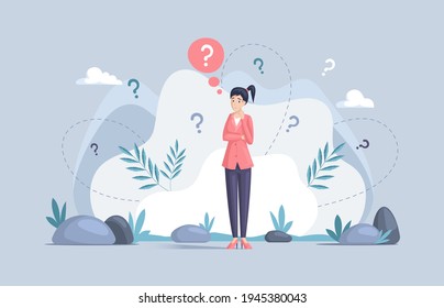 Making confusion. Doubts woman surrounded by question marks. Questions dilemma situations. Asking questions. Confused people. Making choice. Being confused. Thinking or make decision. Solving problem