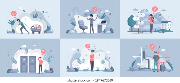 Making confusion. Doubts woman surrounded by question marks. Questions dilemma situations. Asking questions. Confused people. Making choice. Being confused. Thinking or make decision. Solving problem