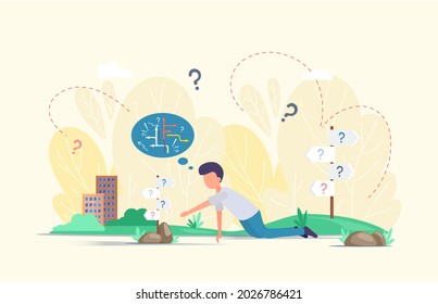 Making confusion. Man making decision looking at question mark, standing at crossroads. Worried guy thinking about problem doing difficult choice deep in thought, think about solution to matter
