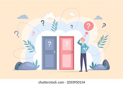 Making confusion. Man think about solution to problem, chooses which door to open. Doubt and struggle about strategy, path direction with symbolic question marks. Search for right answer, dilemma