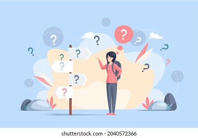 Making confusion. Woman thought about solution to problem, choose options person concept. Career, life and question decision process visualization. Person thinks hesitates to make ones choice