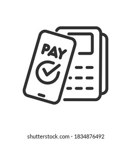 Making contactless payment through mobile phone NFC on Pos terminal, linear icon. Editable stroke