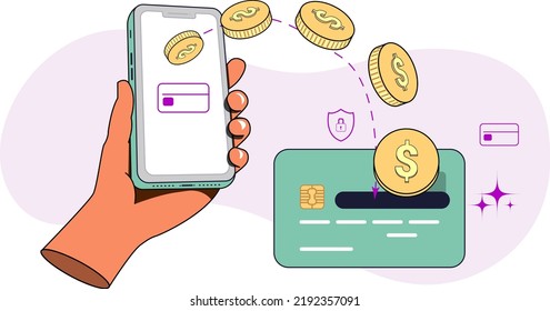 Making credit card settlement using a mobile banking app holding a smart phone on hand and sending dollar coins to the card concept illustration, vector illustration. can use for, landing page