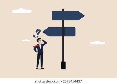 Making a decision of 2 options, choosing the path to the left or right, making a decision in a difficult situation, confusion, businessman thinking with a question mark choosing between 2 directions.