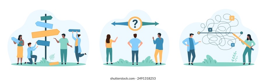 Making decision, answer to question choice set. Tiny people choose right or left path on crossroads with arrows, draw shortcut line with pencil to solve complicated problem cartoon vector illustration