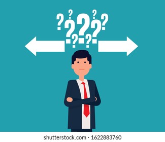 Making a decision with arrows and question mark above head. Vector illustration in cartoon style