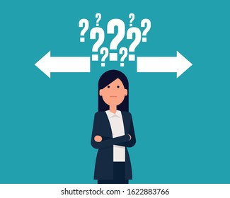 Making a decision with arrows and question mark above head. Vector illustration in cartoon style