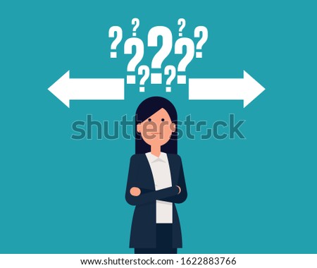 Making a decision with arrows and question mark above head. Vector illustration in cartoon style