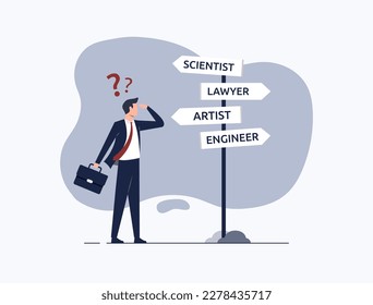 Making a decision for career path, career guidance and development, businessman standing at road direction signs, determination to pick the right choice in career 