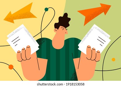 Making decision, choice, different ways concept. Frustrated teen boy holding documents in hands spreading outstretched arms trying to choose right or left direction illustration