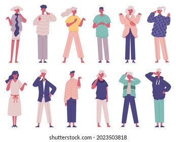 Making decision or choice thoughtful undecided pensive characters. Undecided thinking people group vector illustration set. Pensive thoughtful persons uncertainty in choice, choosing option