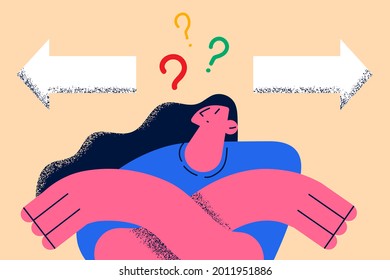 Making decision and choosing concept. Frustrated woman cartoon character having chaotic ideas in mind trying to choose which direction to go vector illustration