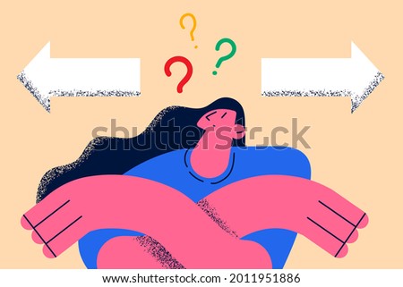 Making decision and choosing concept. Frustrated woman cartoon character having chaotic ideas in mind trying to choose which direction to go vector illustration