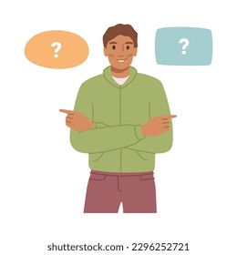 Making decision and choosing correct option or variant. Isolated man selecting alternatives, finding way or answering question. Vector in flat cartoon illustration