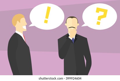 Making decision concept. Boss doubts. Colleague gives advice. Businessman unsure. Doubtful and confident man. Vector flat style illustration. 